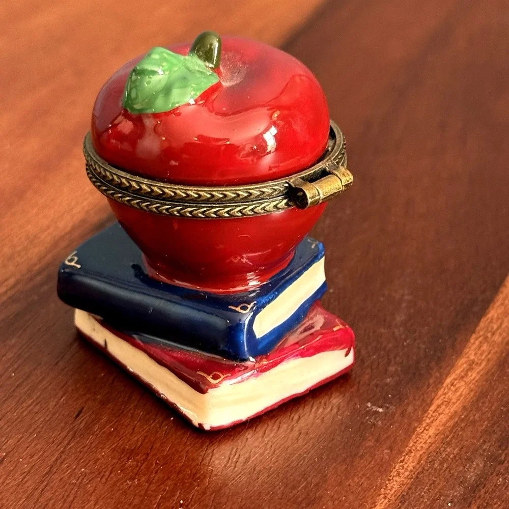 Vintage Apple Trinket Box Teacher Gift Hinged Book Stack Classroom Decor - Picture 5 of 7